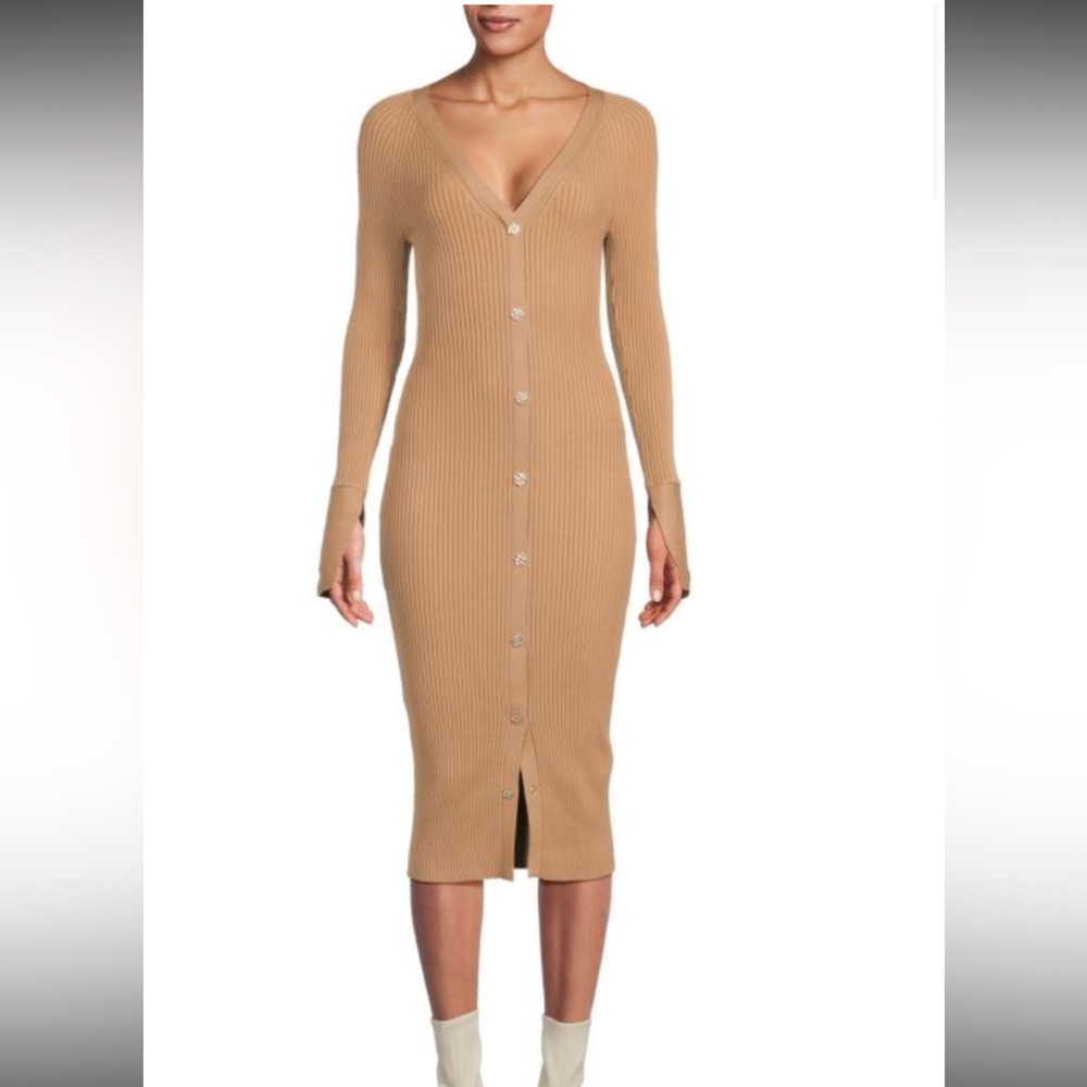 REISS Avery V neck Body Con knit sweater dress NWT camel tan